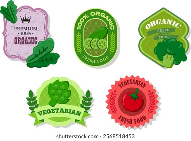 Different retro vegetables banner and labels. Packaging tags with tomato, artichoke, sorrel, cucumber, broccoli. Set of seasonal vegetables labels stickers and marks or badges template for packaging