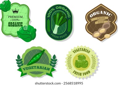 Different retro vegetables banner and labels. Packaging tags with Brussels sprouts, peas, iceberg, leek, soybeans. Set of seasonal vegetables labels stickers and marks or badges template for packaging