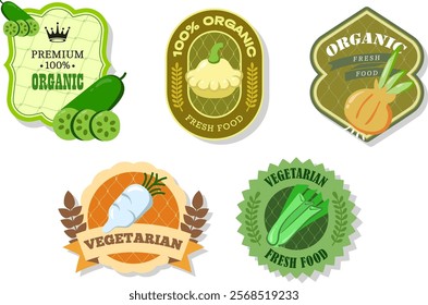 Different retro vegetables banner and labels. Packaging tags with celery, Daikon, cucumber, patissons, 
onion. Set of seasonal vegetables labels stickers and marks or badges template for packaging