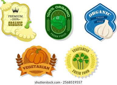 Different retro vegetables banner and labels. Packaging tags with watercress, pumpkin, patissons, iceberg, garlic. Set of seasonal vegetables labels stickers and marks or badges template for packaging