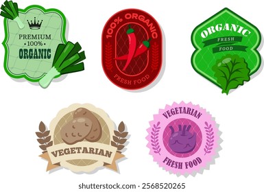 Different retro vegetables banner and labels. Packaging tags with potato, leek, chili pepper, lettuce, Kohlrabi. Set of seasonal vegetables labels stickers and marks or badges template for packaging