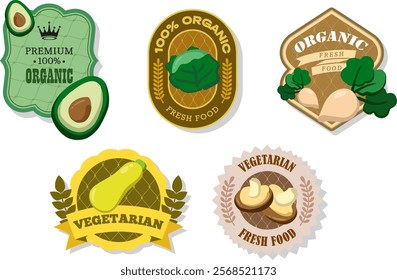 Different retro vegetables banner and labels. Packaging tags with turnip, cabbage, avocado, zucchini, shiitake. Set of seasonal vegetables labels stickers and marks or badges template for packaging