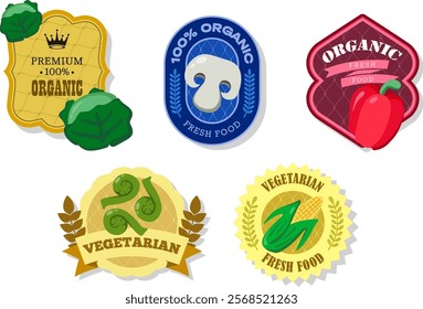 Different retro vegetables banner and labels. Packaging tags with champignons, corn, Fiddleheads, cabbage, pepper. Set of seasonal vegetables labels stickers and marks or badges template for packaging