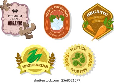 Different retro vegetables banner and labels. Packaging tags with carrot, corn, fennel, Fiddleheads, ginger. Set of seasonal vegetables labels stickers and marks or badges template for packaging