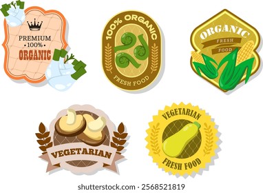 Different retro vegetables banner and labels. Packaging tags with corn, fennel, shiitake, Fiddleheads, zucchini. Set of seasonal vegetables labels stickers and marks or badges template for packaging