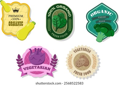 Different retro vegetables banner and labels. Packaging tags with zucchini, spinach, potato, broccoli, Kohlrabi. Set of seasonal vegetables labels stickers and marks or badges template for packaging