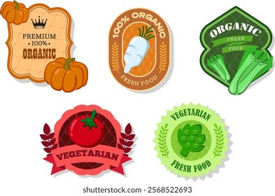 Different retro vegetables banner and labels. Packaging tags with pumpkin, celery, daikon, tomato, artichoke. Set of seasonal vegetables labels stickers and marks or badges template for packaging