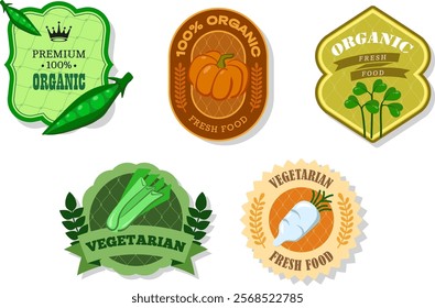 Different retro vegetables banner and labels. Packaging tags with watercress salad, celery, pumpkin, peas, daikon. Set of seasonal vegetables labels stickers and marks or badges template for packaging