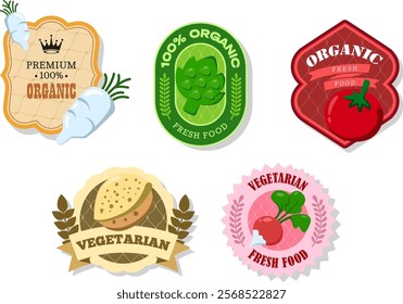 Different retro vegetables banner and labels. Packaging tags with daikon, tomato, radish, almond, artichoke. Set of seasonal vegetables labels stickers and marks or badges template for packaging