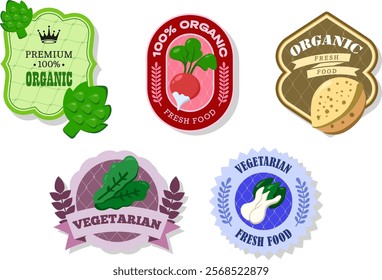 Different retro vegetables banner and labels. Packaging tags with sorrel, artichoke, almond, bok choy, radish. Set of seasonal vegetables labels stickers and marks or badges template for packaging