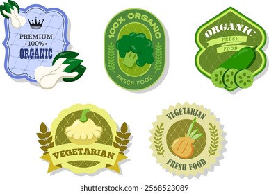 Different retro vegetables banner and labels. Packaging tags with bok choy, cucumber, broccoli, patissons, onion. Set of seasonal vegetables labels stickers and marks or badges template for packaging