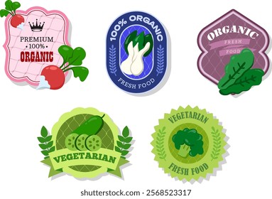 Different retro vegetables banner and labels. Packaging tags with sorrel, bok choy, cucumber, broccoli, radish. Set of seasonal vegetables labels stickers and marks or badges template for packaging