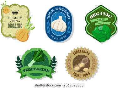 Different retro vegetables banner and labels. Packaging tags with iceberg lettuce, onion, leek, garlic, soybeans. Set of seasonal vegetables labels stickers and marks or badges template for packaging