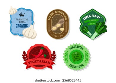 Different retro vegetables banner and labels. Packaging tags with leek, garlic, chili pepper, soybeans, lettuce. Set of seasonal vegetables labels stickers and marks or badges template for packaging