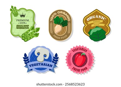 Different retro vegetables banner and labels. Packaging tags with asparagus, cabbage, champignons, turnip, pepper. Set of seasonal vegetables labels stickers and marks or badges template for packaging