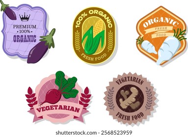 Different retro vegetables banner and labels. Packaging tags with eggplant, beetroot, corn, Daikon, ginger. Set of seasonal vegetables labels stickers and marks or badges template for packaging