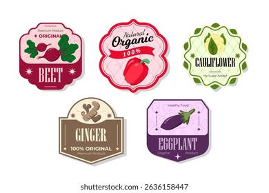 Different retro vegetables banner and labels. Packaging tags with beet, ginger, eggplanet, pepper, cauliflower. Set of seasonal vegetables labels stickers and marks or badges template for packaging
