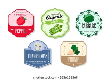 Different retro vegetables banner and labels. Packaging tags with pepper, champignons, turnip, cabbage. Set of seasonal vegetables labels stickers and marks or badges template for packaging
