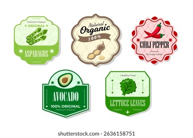 Different retro vegetables banner and labels. Packaging tags with asparagus, avocado, chili pepper, lettuce. Set of seasonal vegetables labels stickers and marks or badges template for packaging