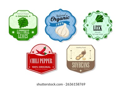 Different retro vegetables banner and labels. Packaging tags with lettuce, chili pepper, leek, soybeans. Set of seasonal vegetables labels stickers and marks or badges template for packaging
