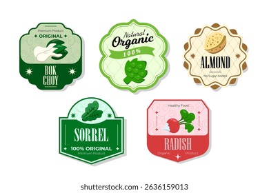 Different retro vegetables banner and labels. Packaging tags with bok choy, sorrel, almond, radish. Set of seasonal vegetables labels stickers and marks or badges template for packaging