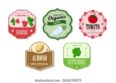 Different retro vegetables banner and labels. Packaging tags with almond, radish, artichoke, tomato. Set of seasonal vegetables labels stickers and marks or badges template for packaging