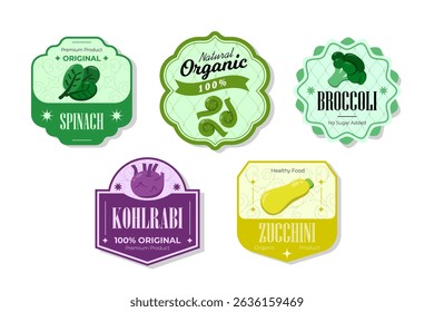 Different retro vegetables banner and labels. Packaging tags with kohlrabi, spinach, broccoli, zucchini. Set of seasonal vegetables labels stickers and marks or badges template for packaging