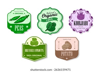 Different retro vegetables banner and labels. Packaging tags with peas, brussels sprouts, potato, kohlrabi. Set of seasonal vegetables labels stickers and marks or badges template for packaging