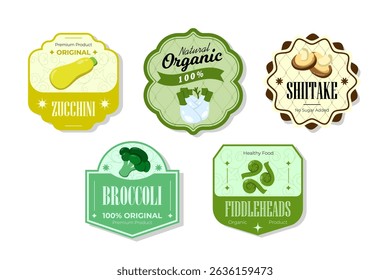 Different retro vegetables banner and labels. Packaging tags with shiitake, broccoli, zucchini, fiddleheads. Set of seasonal vegetables labels stickers and marks or badges template for packaging