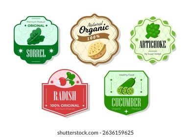 Different retro vegetables banner and labels. Packaging tags with sorrel, radish, cucumber, artichoke. Set of seasonal vegetables labels stickers and marks or badges template for packaging