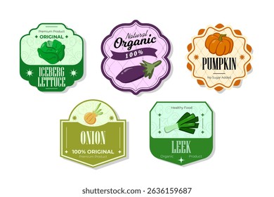 Different retro vegetables banner and labels. Packaging tags with apple. Set of seasonal vegetables labels stickers and marks or badges template for packaging