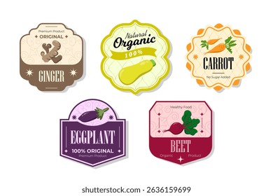 Different retro vegetables banner and labels. Packaging tags with ginger, beet, eggplant, carrot. Set of seasonal vegetables labels stickers and marks or badges template for packaging