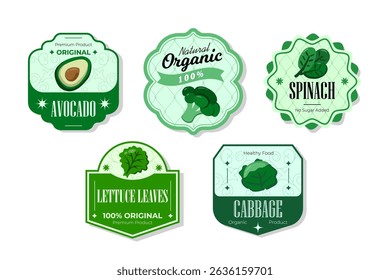 Different retro vegetables banner and labels. Packaging tags with avocado, lettuce, cabbage,spinach. Set of seasonal vegetables labels stickers and marks or badges template for packaging