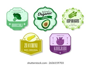 Different retro vegetables banner and labels. Packaging tags with broccoli, zucchini, kohlrabi, asparagus. Set of seasonal vegetables labels stickers and marks or badges template for packaging