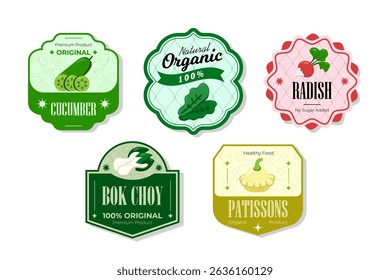 Different retro vegetables banner and labels. Packaging tags with radish, patissons, bok choy, cucumber. Set of seasonal vegetables labels stickers and marks or badges template for packaging