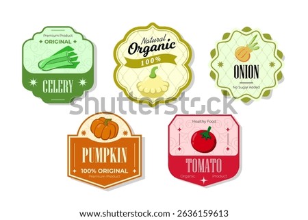 Different retro vegetables banner and labels. Packaging tags with celery, onion, pumpkin,, tomato. Set of seasonal vegetables labels stickers and marks or badges template for packaging