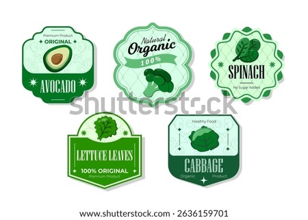 Different retro vegetables banner and labels. Packaging tags with avocado, lettuce, cabbage,spinach. Set of seasonal vegetables labels stickers and marks or badges template for packaging