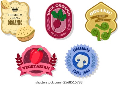 Different retro vegetables banner and labels.Packaging tags with beetroot, pepper, champignons, almond,Fiddleheads.Set of seasonal vegetables labels stickers and marks or badges template for packaging