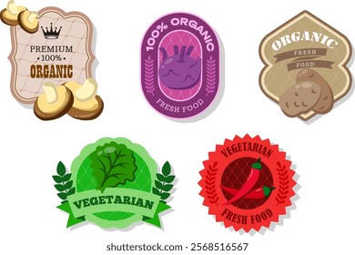 Different retro vegetables banner and labels.Packaging tags with shiitake, potato, chili pepper, lettuce, Kohlrabi.Set of seasonal vegetables labels stickers and marks or badges template for packaging