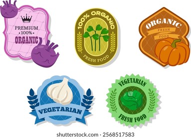 Different retro vegetables banner and labels.Packaging tags with Kohlrabi, garlic, iceberg lettuce, pumpkin, salad.Set of seasonal vegetables labels stickers and marks or badges template for packaging