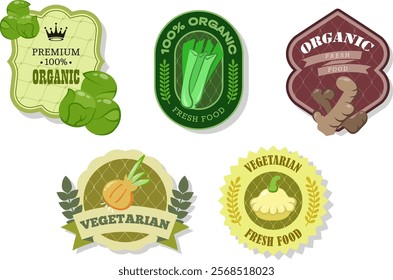 Different retro vegetables banner and labels.Packaging tags with patissons, onion, ginger,Brussels sprouts, celery.Set of seasonal vegetables labels stickers and marks or badges template for packaging