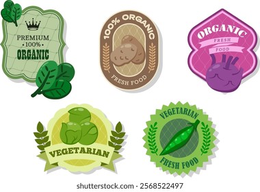 Different retro vegetables banner and labels.Packaging tags with spinach, brussels sprouts, potato, peas, Kohlrabi.Set of seasonal vegetables labels stickers and marks or badges template for packaging