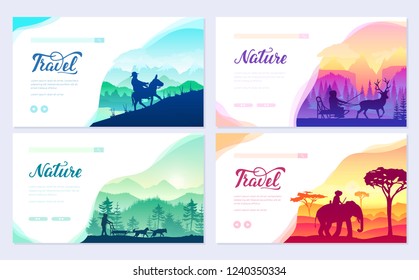 Different riders of the world vector brochure cards set. Colorful landscape template of flyear, web banner, ui header, enter site. Invitation concept background. Layout illustration modern slider 