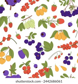 Different ripe berries on endless background. Repeatable pattern of sea buckthorn, blueberry, raspberry, plum. Branches garden red currant, strawberry, gooseberry. Flat seamless vector illustration