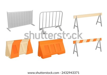 Different road barriers set. Metal and plastic traffic barricades isolated on white background. Work zone safety on highway construction.
