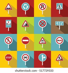 Different road signs icons set. Flat illustration of 16 different road signs vector icons for web