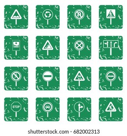 Different road signs icons set in grunge style green isolated vector illustration