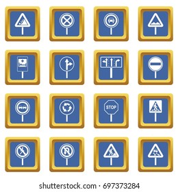 Different road signs icons set in blue color isolated vector illustration for web and any design