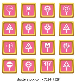 Different road signs icons set in pink color isolated vector illustration for web and any design