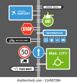 Different road signs on column. Vector collection